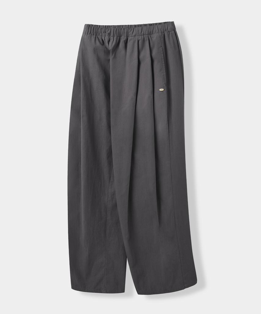 Yujen Double-Pleat Wide Cotton Elastic Waist Pants_Charcoal