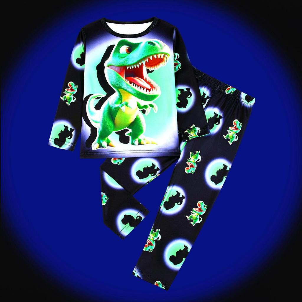 Flame-Retardant Milk Silk Kids' Dinosaur Pajama Set - Green Fluorescent, Long Sleeve & Pants