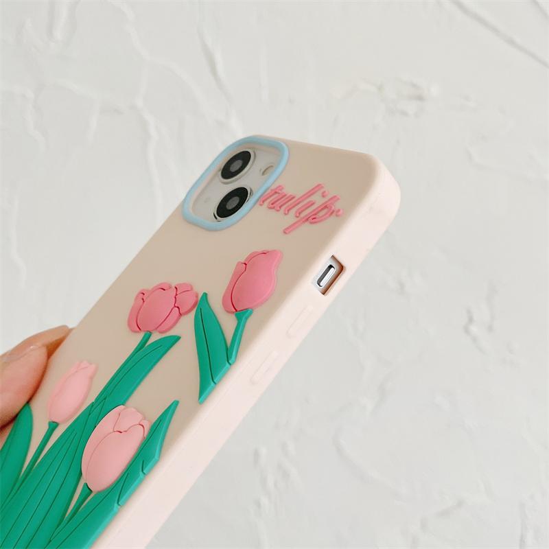 Japan Cute 3d Pink Tulip Flower Pendant Phone Case For Iphone 13 12 11 Pro Xs Max X Xr 7 8 Plus Floral Silicone Soft Back Cover