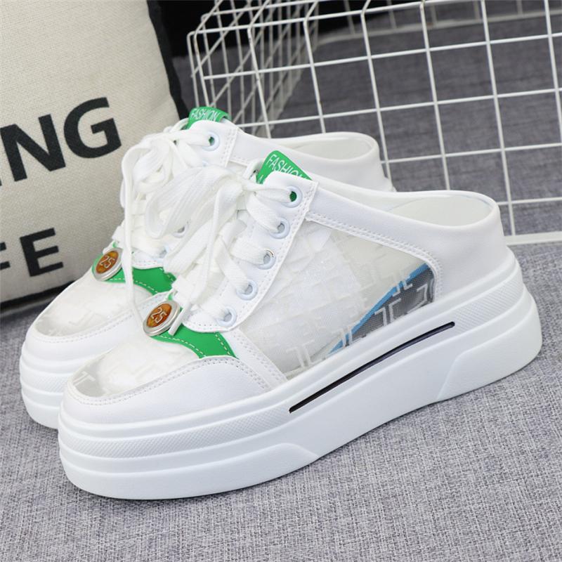 fashion Women Half Shoes Sneaker 2024 Summer Leather 8CM High Heels Slippers Casual Lace Up Woman Sneakers Shoes Fashion Summer Slippers