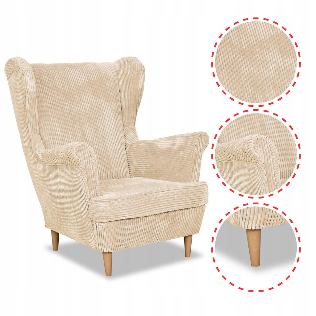 Bonito Scandinavian Family Meble Wing Chair, Beige, Light, Nice Corduroy