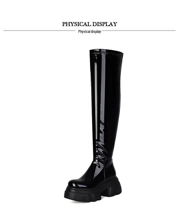 Elastische Plateau-Stiefel mit klobigem Absatz, kniehoch, aus Lackleder für Damen – Schmale Passform, Herbst/Winter Bühnenstiefel