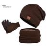 3 Pcs/Set Hat Scarf And Gloves Set Thick Plush Knitted Warm Elastic Ear Protection Five Fingers Windproof Winter Outdoor Cycling Cap Neck Warp Gloves