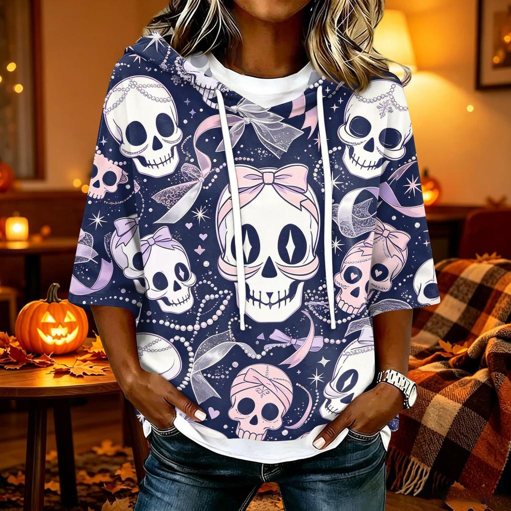 Women's Halloween Print Casual Loose Fit Hooded Top with and Three-Quarter Sleeves