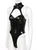 Dámský klubový kostým na pódium Mokrý vzhled Lakovaná kůže Body bez rukávů Zip Mock Výstřih výstřih Catsuit