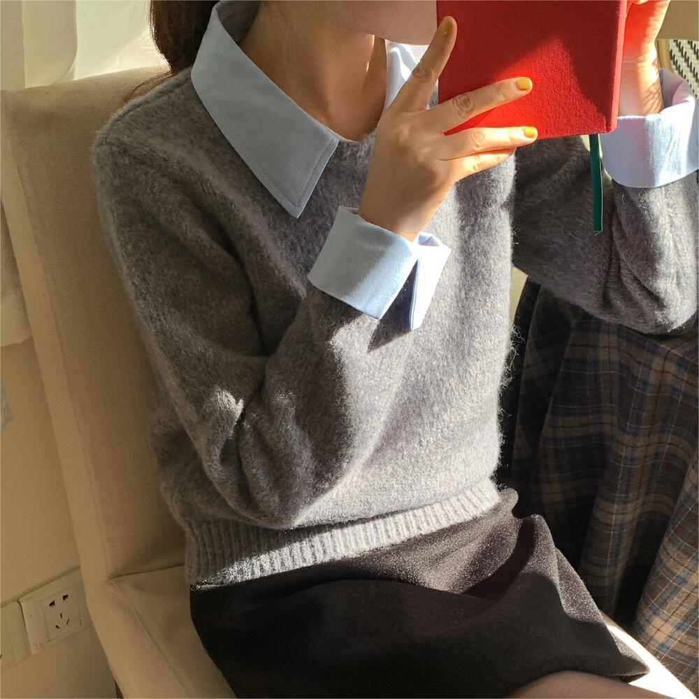 Spring and Autumn Break Two Shirt Collar Sweater Women's Simple Fashion Temperament Grey Lapel Pullover Knitted Sweater Top