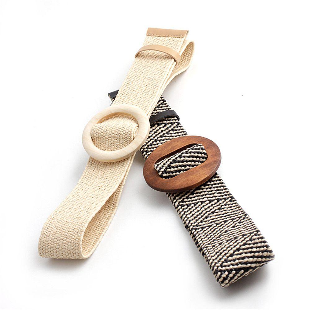 Casual Wide Bohemian Wooden Buckle Waistbelt Straw Belt Elastic
