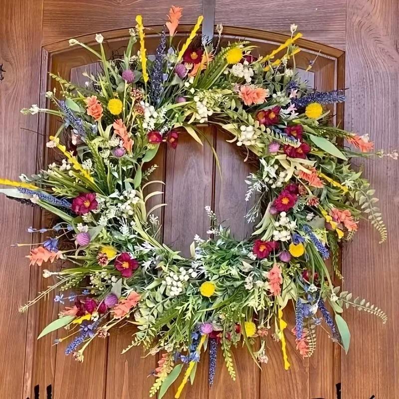 45cm Spring Summer Artificial Wildflower Door Wreath Colorful Multipurpose Decorative Garland for Front Door Home Decor