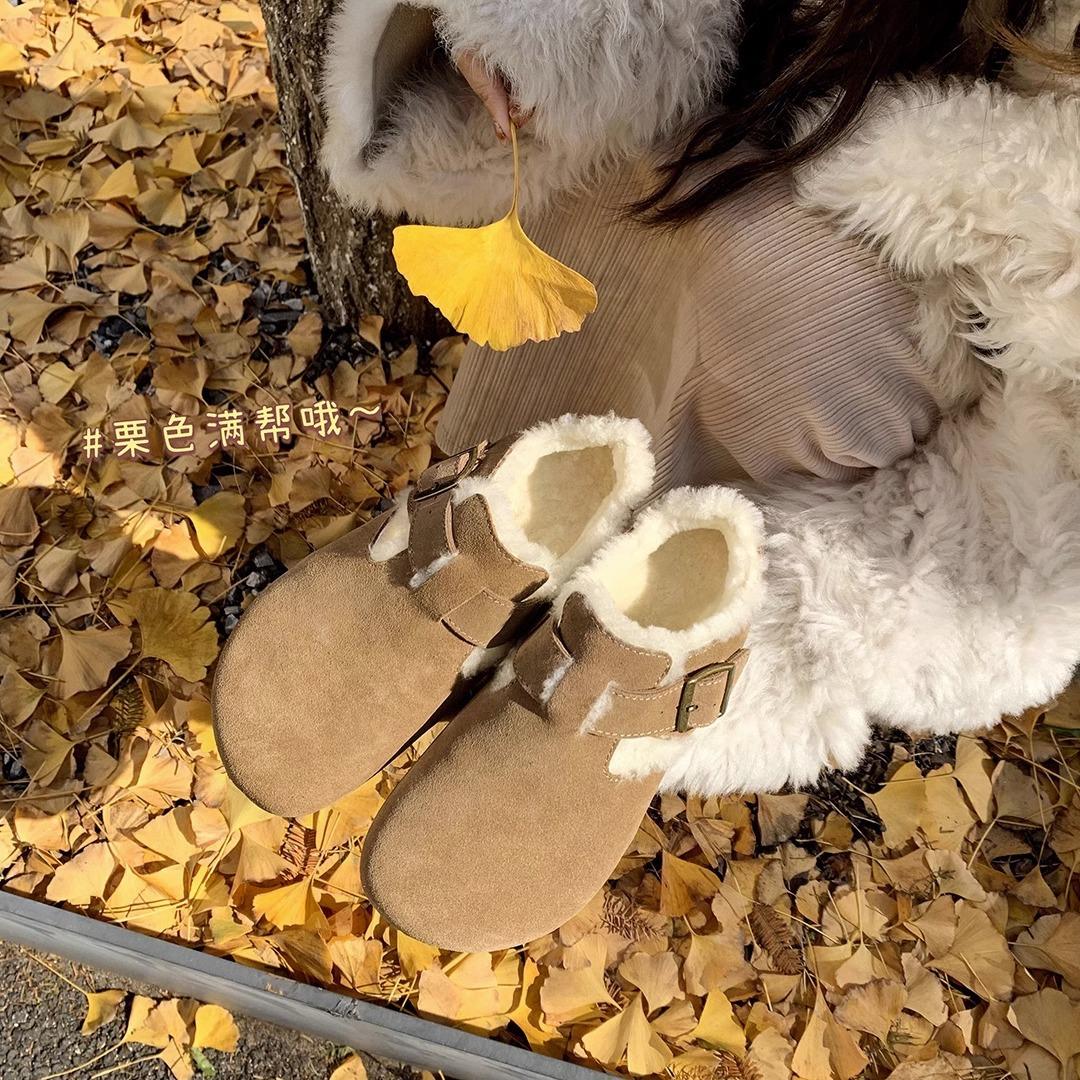 

High-end cowhide version~ retro inner height-increasing fluffy single shoes women s bag head half-drag thick-soled fluffy shoes cotton shoes 35