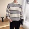 2024Autumn and Winter Trendy Men New Casual Striped Color Matching Long-Sleeved Sweater Sweater