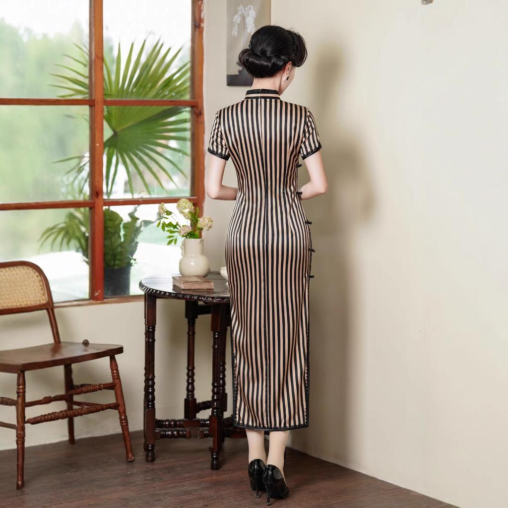 1011 summer new silk women's cheongsam long high-end mulberry silk improved Chinese retro black striped daily