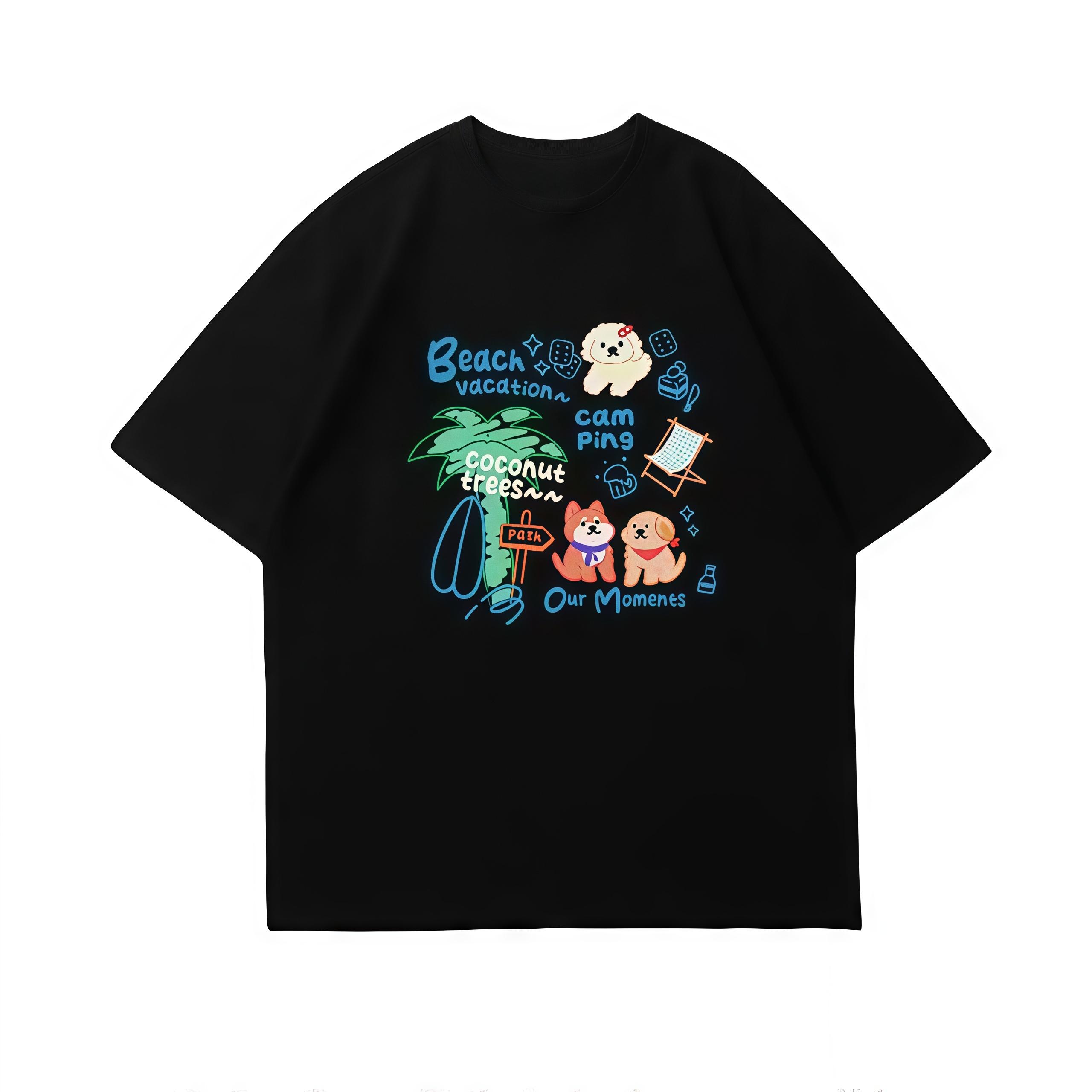 

Women Unisex Beach Vacation Dog Doodle TShirts Cute Puppy Camping Print Oversized Cotton Short Sleeve Casual Black Tee Tops S