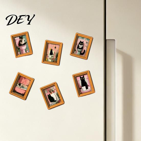 Brown Imitation Wood Frames Funny Wooden Fridge Magnets Frame, Retro Cute Cat Pattern Magnetic Refrigerator Decorative Photo Holders for Whiteboards