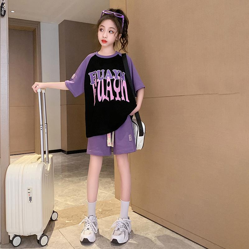 Girls Clothing Set Teenage Streetwear Outfits Suit Kids Summer Fashion Patchwork T-shirt + Shorts for 4 6 8 10 12 14 Years