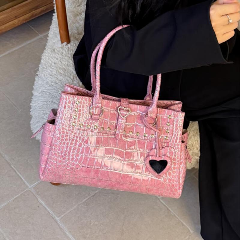 Light Luxury Crocodile-print Handbag For Girls Pink Heart Pattern Shoulder Bag Trendy High-grade Large Capacity Commuter Bag