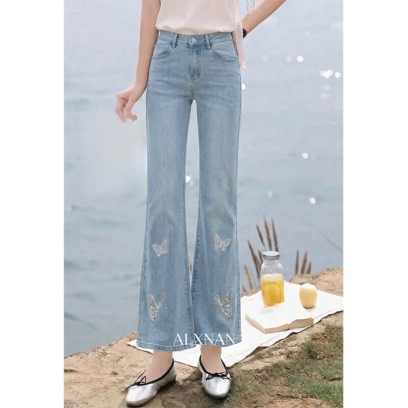 Women's Blue Butterfly Embroidery Draped Slim Fit Jeans