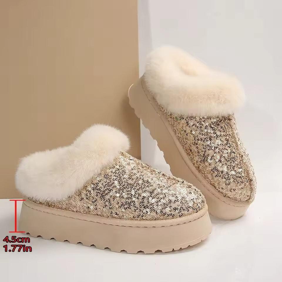 Dicke Sohle Warme Schneestiefel Damen Winter Verdickte Warme Pailletten Baumwollschuhe Bequeme Outdoor Freizeit Pelzschuhe