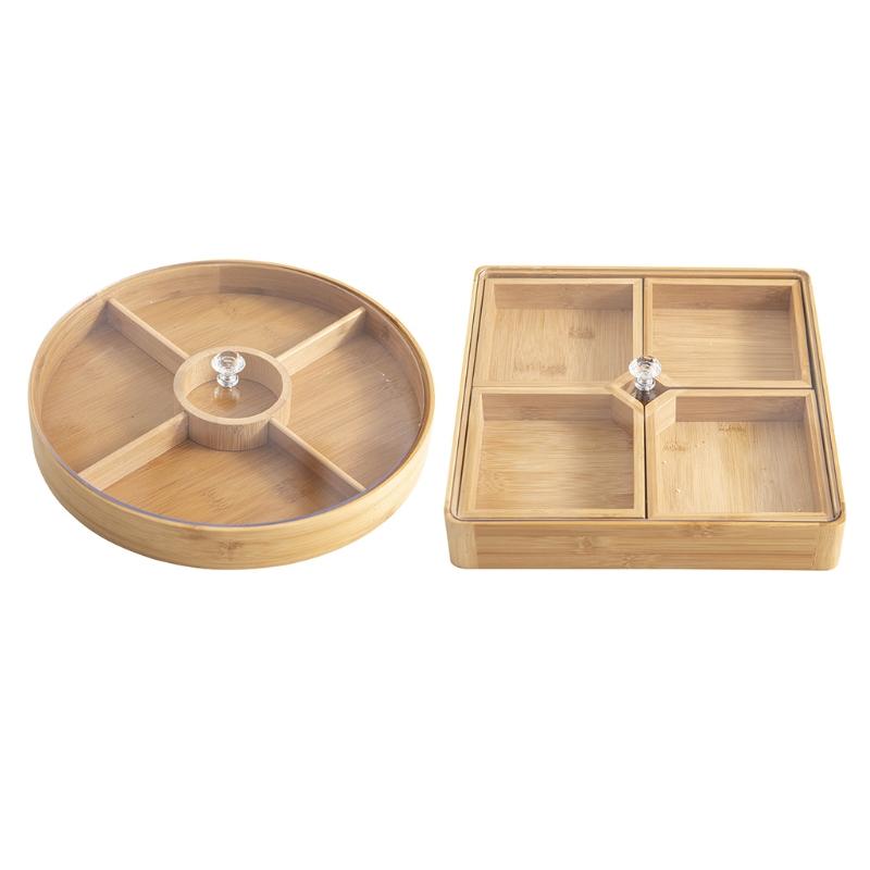 Bamboo Divided Serving Tray with Clear Acrylic Lid Dried Fruit Storage Box 4 Grid Nuts Platter Snack Candy Plate Container