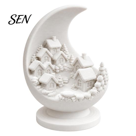 Crescent Snow Village Statue 3D Printed Moon and Snowy Figurine, Mini House Winter Theme Interior Decor with Stable Base, Decorative Sculpture