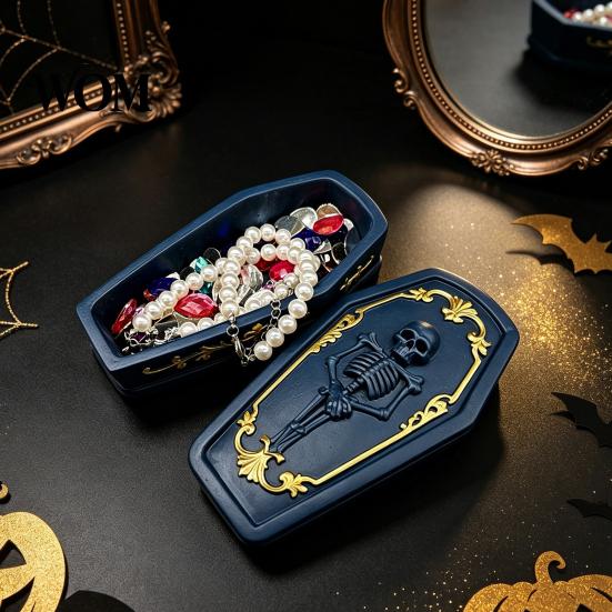 Resin Trinket Casket Gothic Skull Jewelry Box, Spooky Storage Figurine for Decorative Container Rings, Halloween Dark Tabletop Organizer, Unique Gift