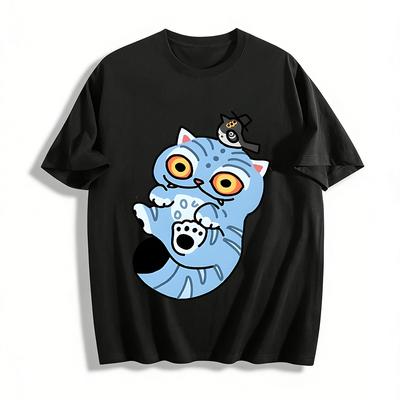Funny Blue Cat & Top Hat Bird Print Casual T-Shirt Unisex Cartoon Pattern Daily Wear Tee Pure Cotton T-shirt