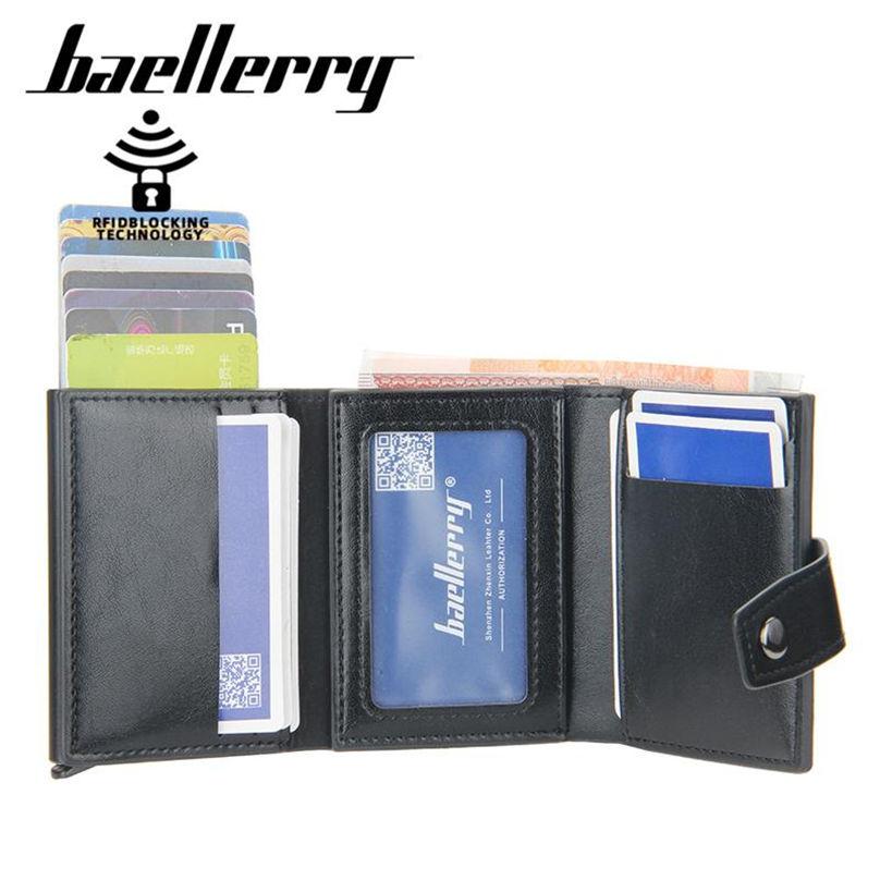Baellerry Men Business Credit Card Holder RFID Aluminium Box Bank Card Holders Vintage Design PU Leather Wallet with Money Clips GZW