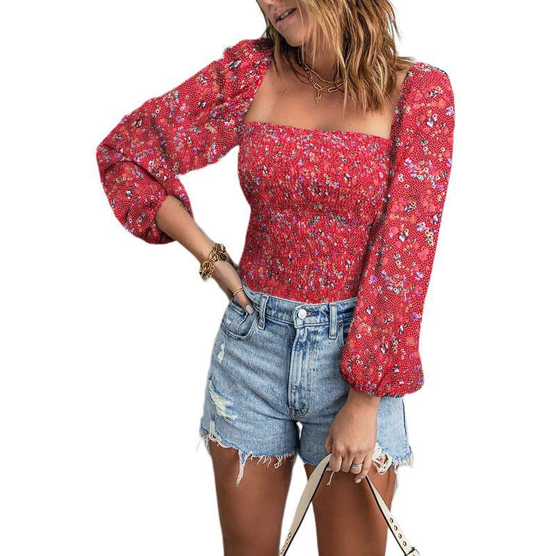 Slim Looking Square Collar Fashion Print Pullover Long Sleeves T-shirt