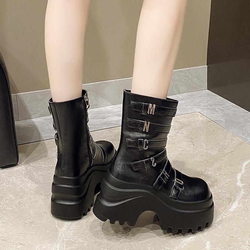 Modă Femei Cizme Punk Platformă Înaltă 9.5CM Pantofi de Exterior din Piele Noi Toamnă Iarnă Cizme Metalice Până la Mijlocul Gambei Tocuri Ascunse Cizme Moto