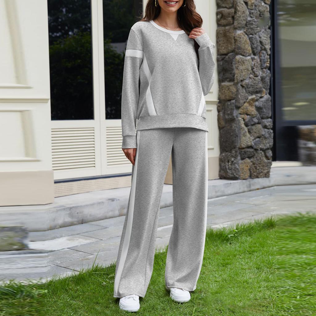 Women's Fashion Casual Long-Sleeve Solid Color Blocked Hoodie And Wide-Leg Pants Two-Piece Set