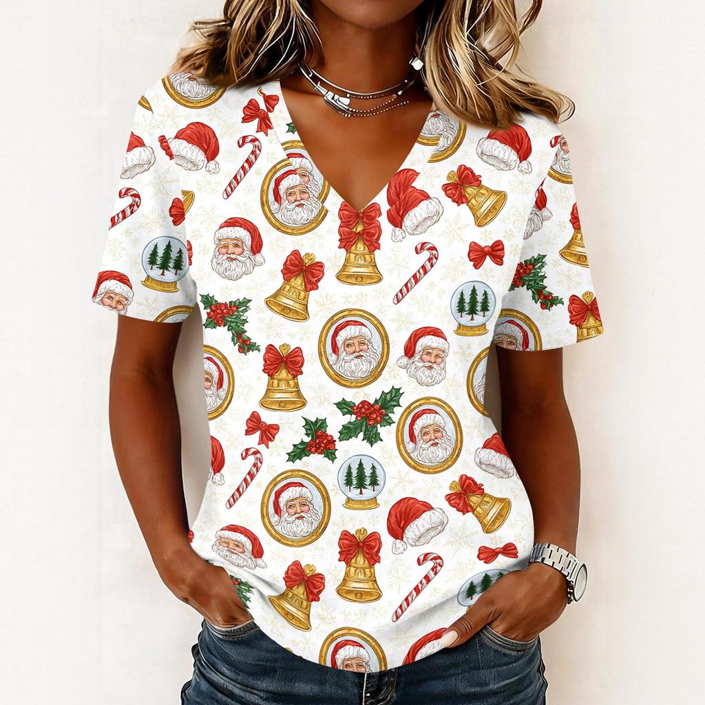 Women's Casual Short Sleeve V-Neck Christmas Print Pullover Top