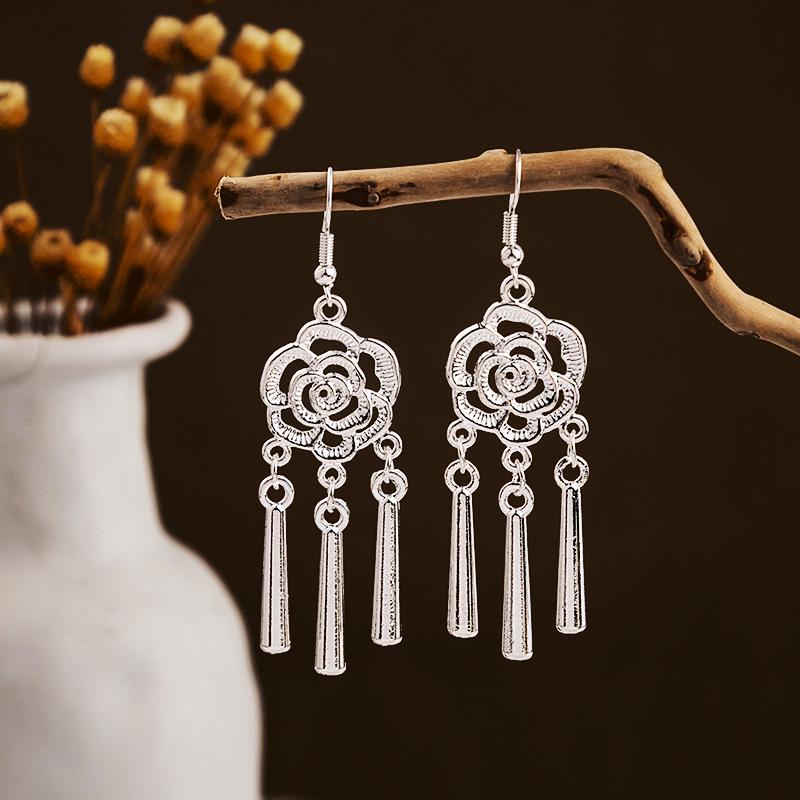 Imitation Miao Silver Ethnic Long Leaf Tassel Dangle Earrings