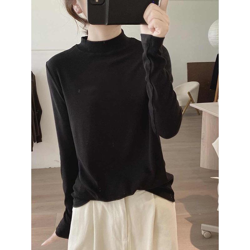 Women's Retro White Half-High Collar Long Sleeve Slimming T-Shirt - Autumn Winter Lazy Style Base Layer