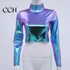 Club Crop Top Women Glossy Faux Leather Half-high Collar Solid Color Waist-exposed Long Sleeve Skinny Pullover Elastic Nightclub Stage Show