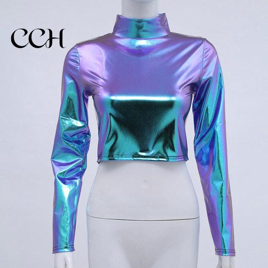 Club Crop Top Women Glossy Faux Leather Half-high Collar Solid Color Waist-exposed Long Sleeve Skinny Pullover Elastic Nightclub Stage Show
