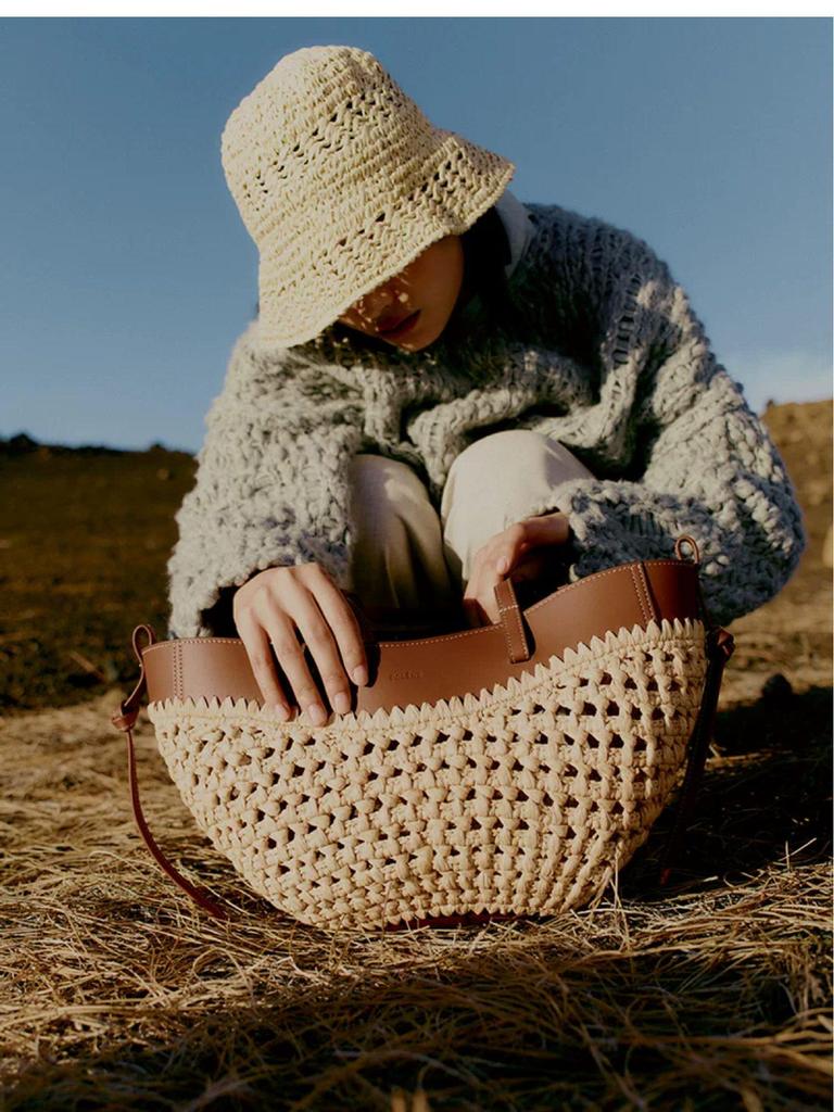 Borsa a Mano Polne Intrecciata in Vera Pelle: Borsa a Spalla alla Moda, di Grande Capacità, in Pelle di Mucca per Uso Casual o da Spiaggia