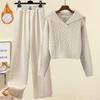 Women's Winter Sweater Suit - Velvet-Added Casual Wide-Leg Pants Two-Piece Set
