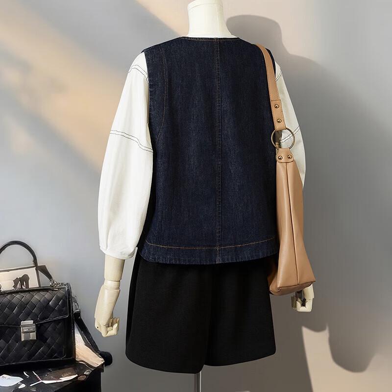 She Chi Women's Round Neck Contrast Stitch Denim Vest