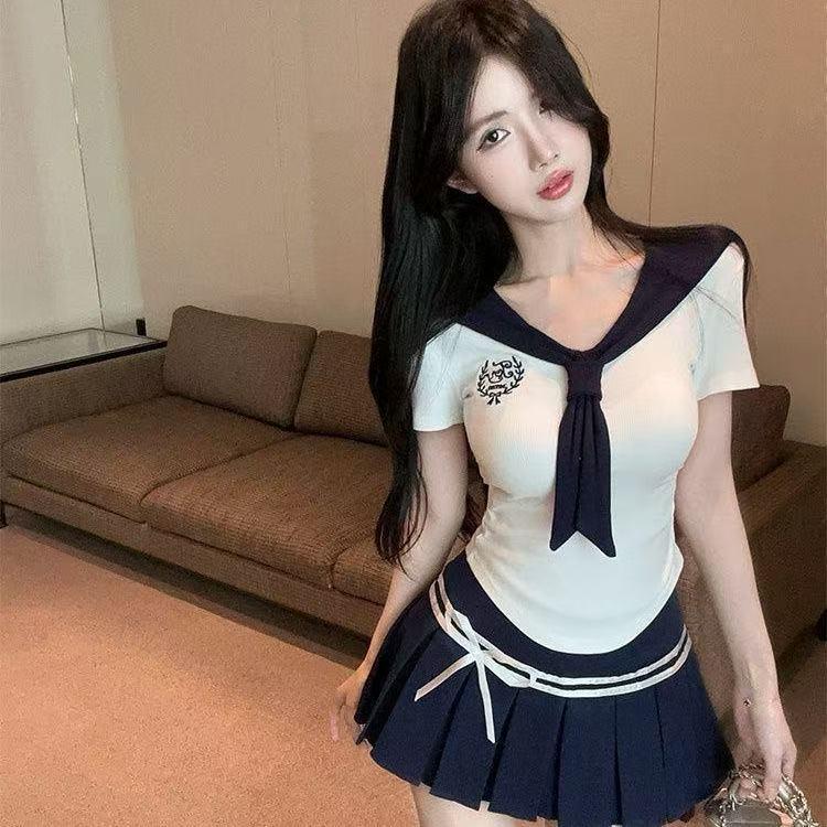 Women's Sailor Collar Embroidered T-Shirt & High-Waisted Pleated Skirt Set - Summer Short-Sleeve Style