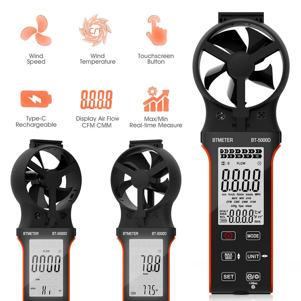 BT-5000D multifunctional anemometer, air volume and temperature measuring instrument with rotatable probe, dustproof, waterproof, rechargeable
