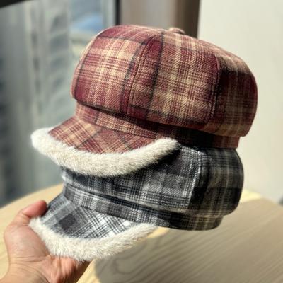 Neuer Herbst- und Winter-Retro-Plaid-Plüsch-Warmer Achteckhut für Damen, vielseitige, gesichtzeigende Baskenmütze, Entenschnabel-Malermütze