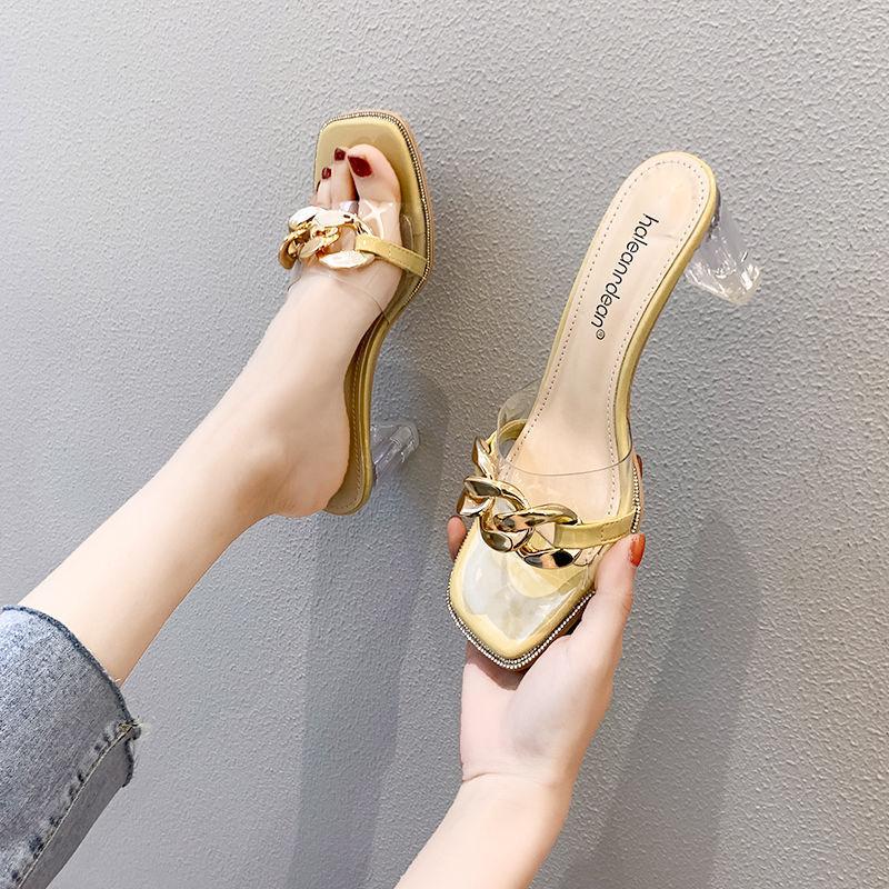 Nye gjennomsiktige høyhælte sandaler Gjennomsiktige tøfler Kvinners allsidige grove hæler En linje tøfler