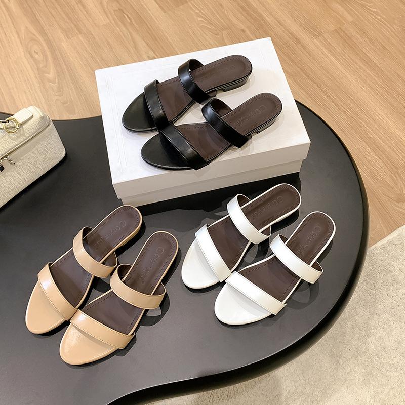 Su Yinyin Same Old Money Row~ Super Soft Leather French Round Head One Word with Thick Heel Slippers Women's Summer Versatile Cool Slippers