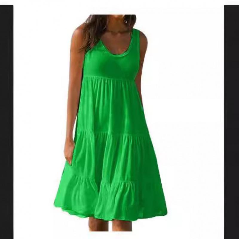 Women's Beach Dress: Sleeveless, Round Neck, Patchwork, Wide Hem, 7 Colors, 8 Sizes
