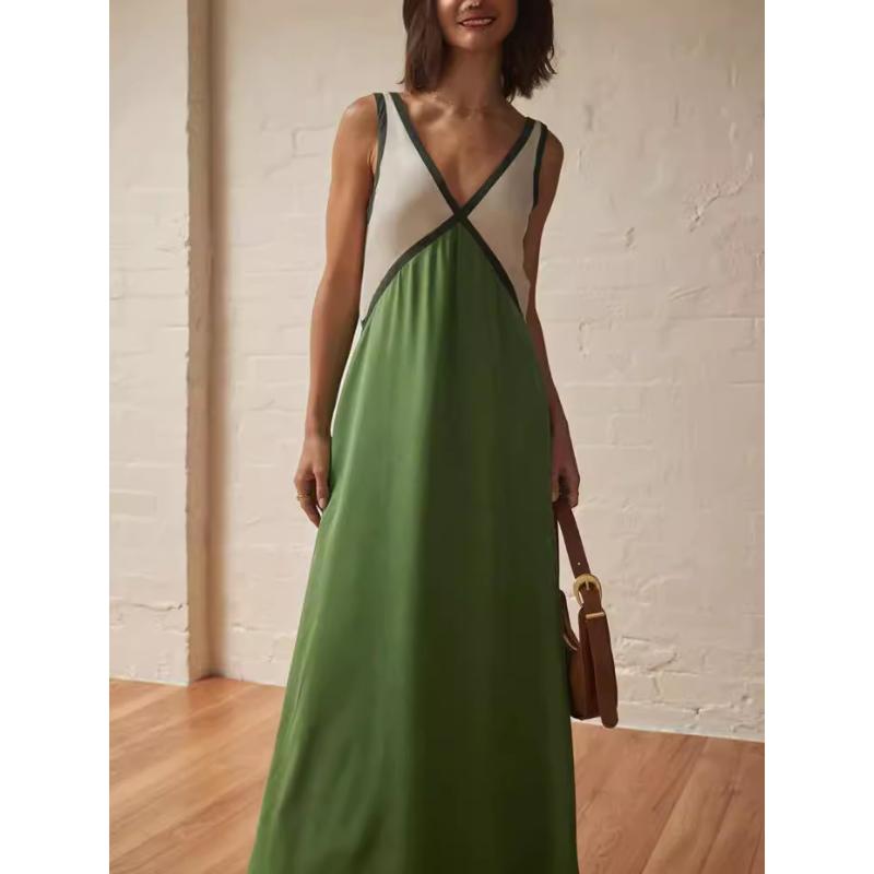 Women's Summer Color Block V Neck Sleeveless Tank Maxi Dress Loose Casual Vacation Beach Long Dress for Women