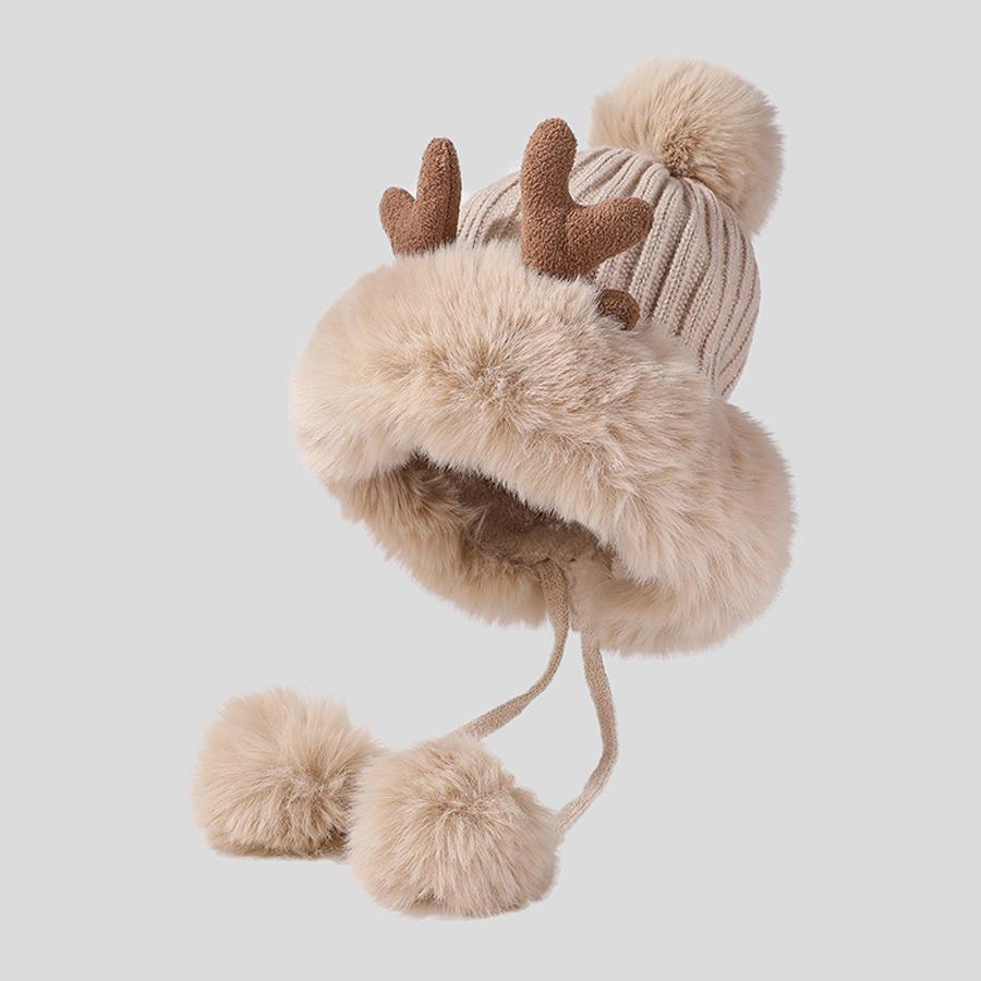Cute Ears Plush Winter Hats for Women Beanies Deer Antler Fur Pompom Knit Bonnet Fluffy Winter Cap Bomber Hats Women Gorro