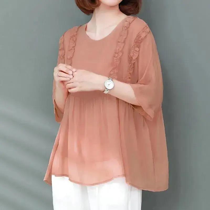 

Літній жіночий вільний шифоновий топ з коротким рукавом і круглим вирізом великого розміру. M рожевий