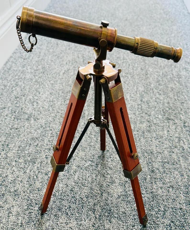 Nautical Vintage Decorative Solid Brass Telescope Antique Style with Wooden Stand