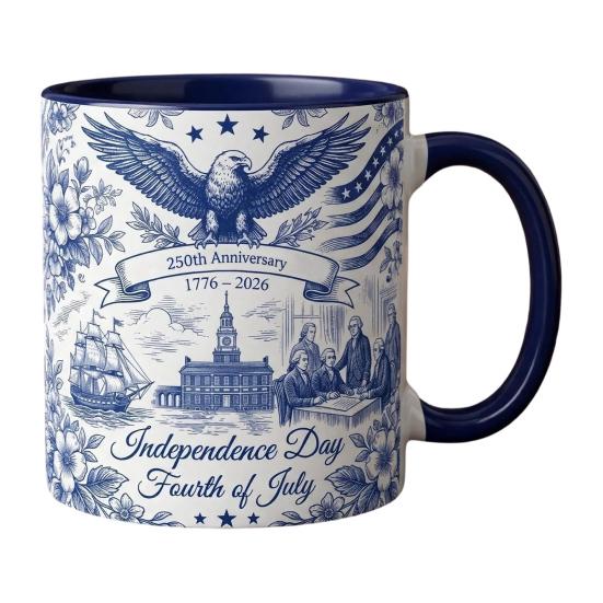 USA 250th Anniversary Blue Mug, Patriotic Ceramic Coffee Cup with Eagle Flag Design, Independence Day Gift for Veterans Men Women
