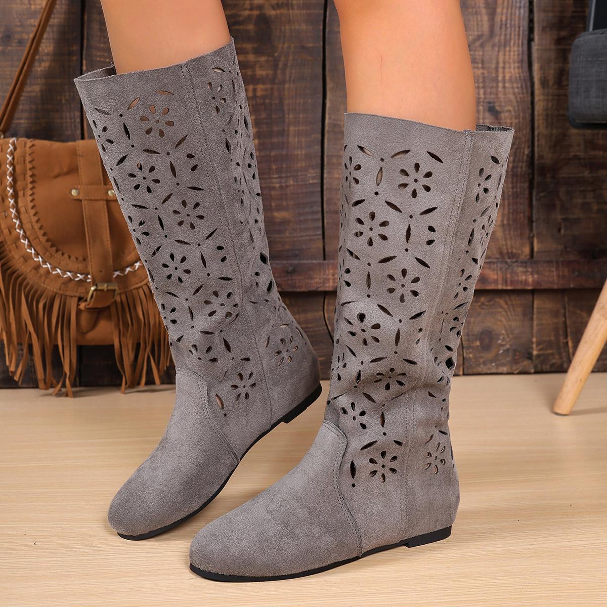 

Fashion 2025 New Retro Hollow Breathable High-top Knight Boots Summer Heightened Matte Leather Long Sandals 35 серый