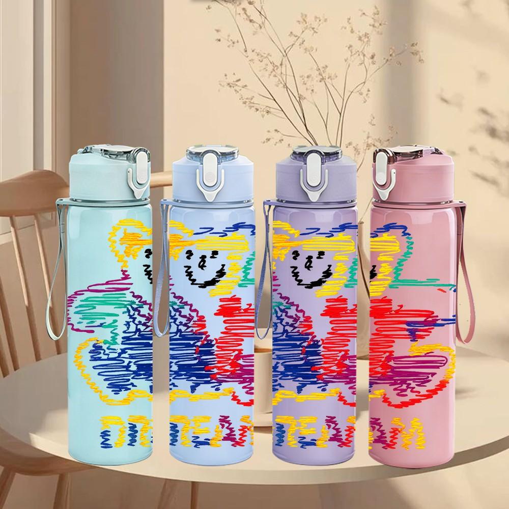 1PC Colorful Bear Team Art 750ml Color Plastic Sports Water Bottle Leakproof Flip Straw Lid Suitable for Sports Office Home Use